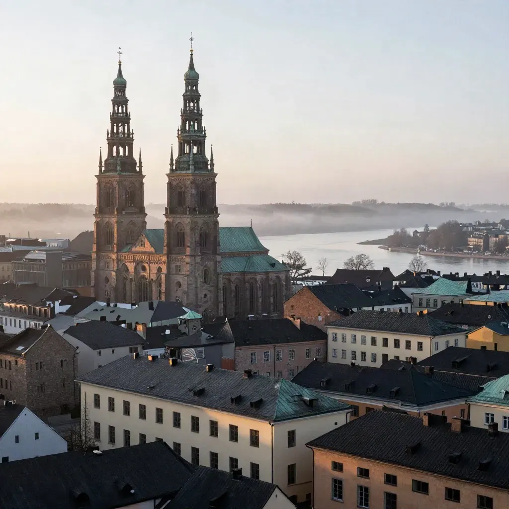 Uppsala domkyrkas torn över dimmig å och stilla taklandskap i morgonljus.